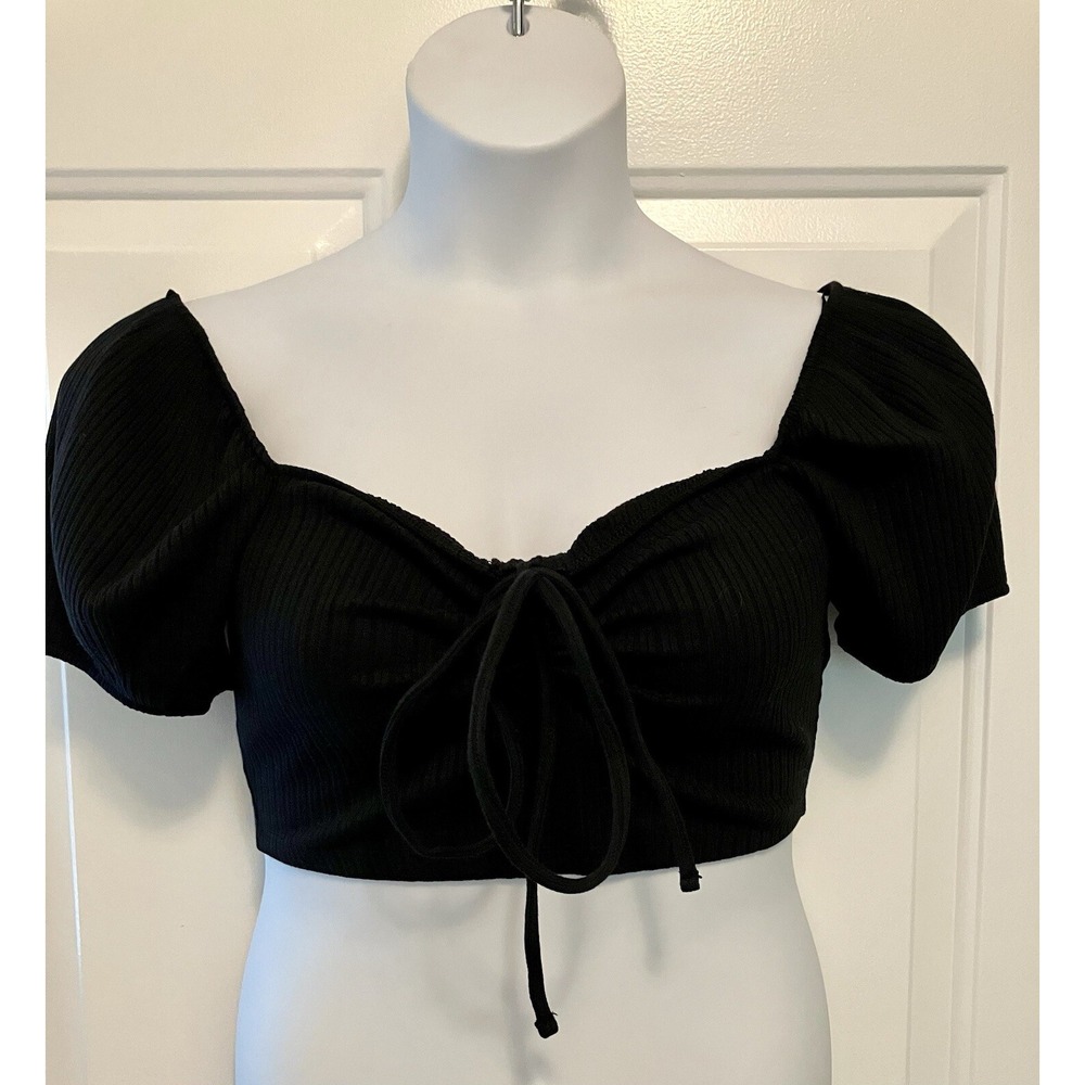 Zara Black Crop Puff Sleeve Cropped Bra Shirt Top Sz Large Women's